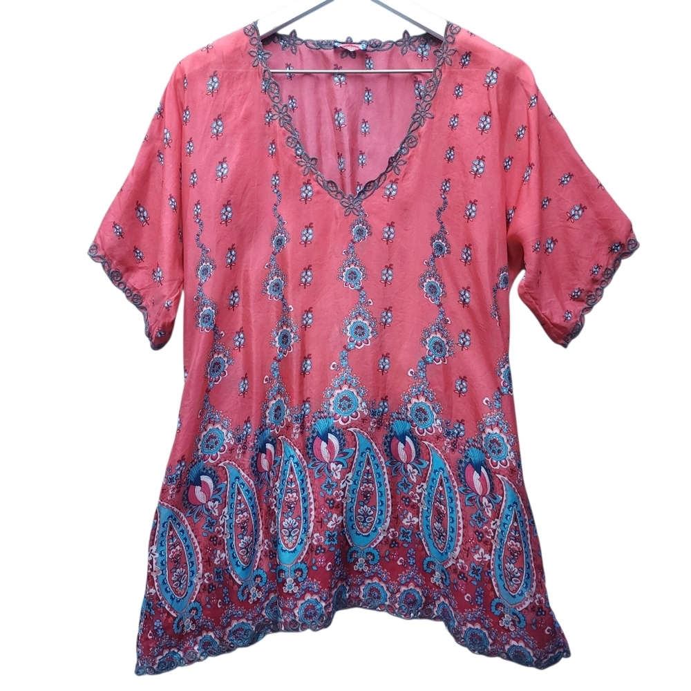 Johnny Was Silk Coral Floral Paisley V-Neck Tunic